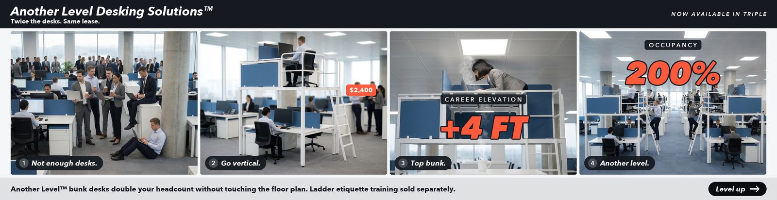 Another Level Desking Solutions — bunk desks. An overcrowded office where people stand holding laptops, perch on a filing cabinet and sit on the floor; a white bunk desk with a ladder and a worker on each level, $2,400; a woman hunched at the top bunk just under the ceiling lights as coffee steam rises from below, plus four feet of career elevation; and the whole office converted to rows of bunk desks, 200 percent occupancy.